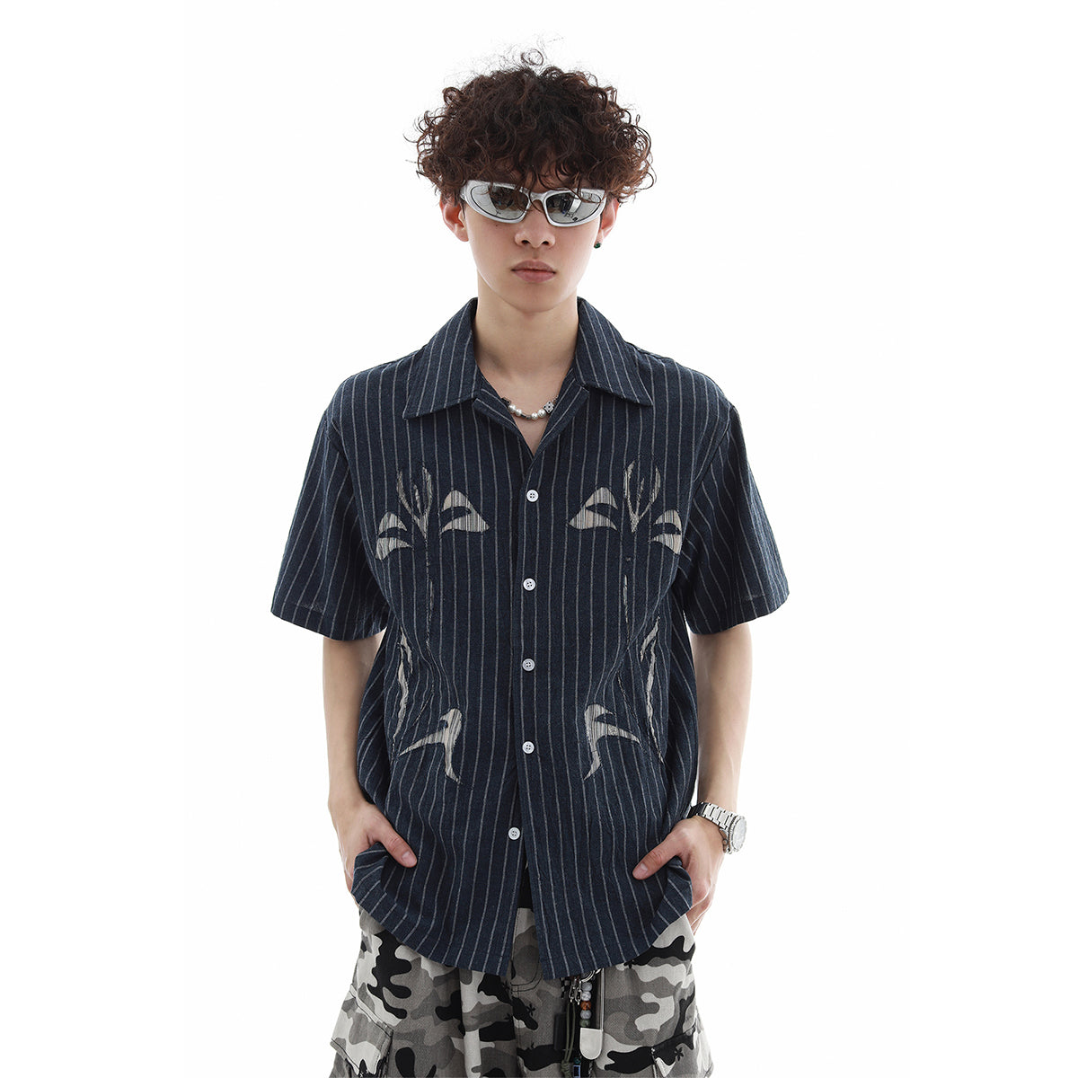 Patch Embroidery Stripe Short Sleeve Shirt WN15707