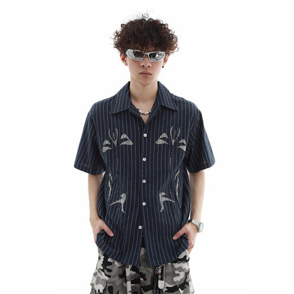Patch Embroidery Stripe Short Sleeve Shirt WN15707