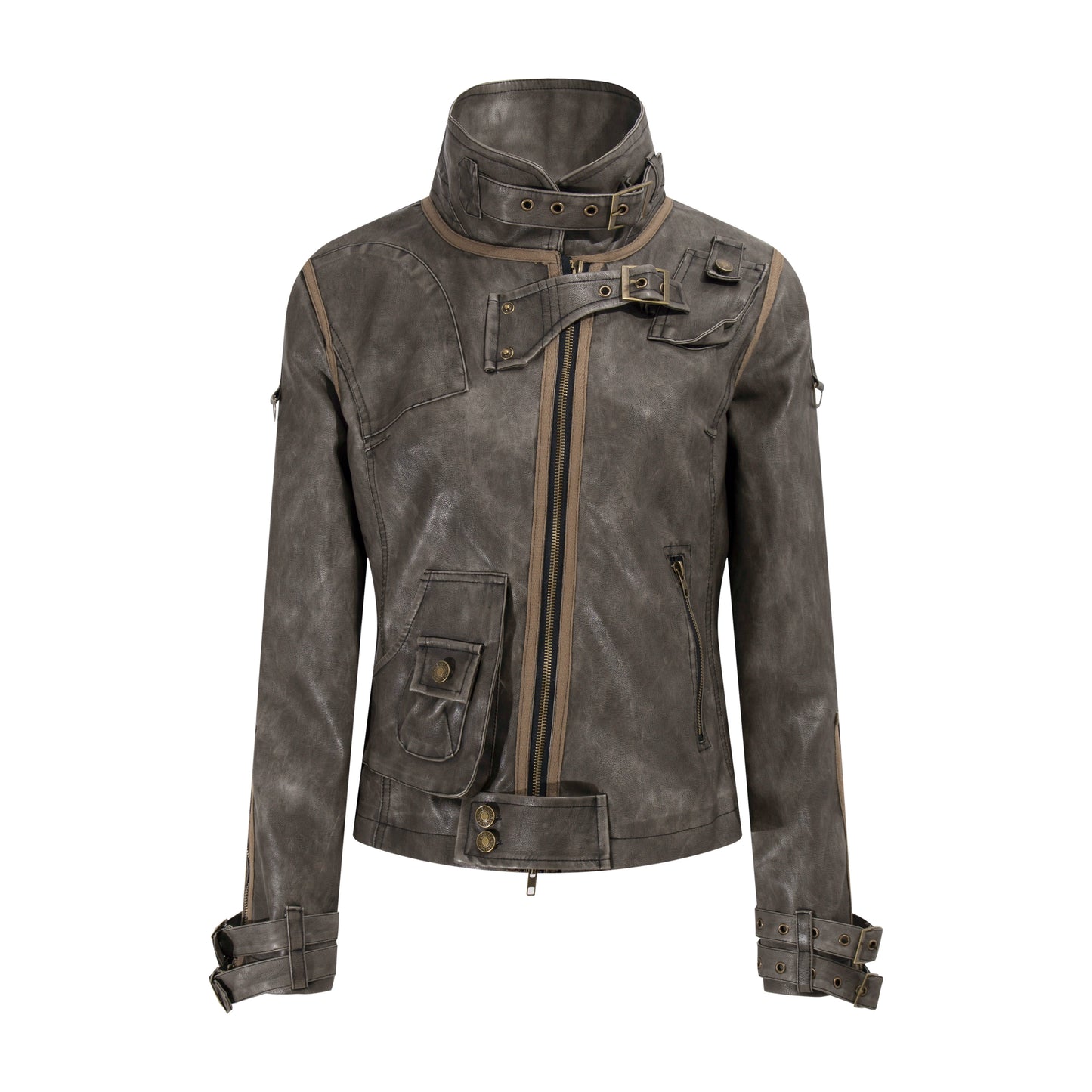 Deconstruction Washed Damage PU Leather Jacket WN21355