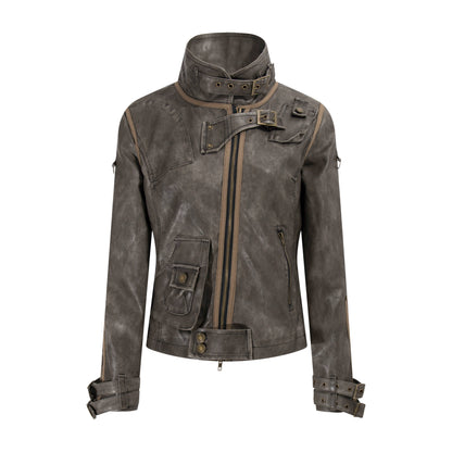 Deconstruction Washed Damage PU Leather Jacket WN21355