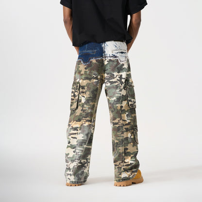 Denim Camouflage Patchwork Multi-Pocket Wide Leg Cargo Pants WN27858