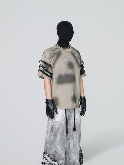 Washed Damage Studs Detail Strap Short Sleeve T-Shirt WN24315