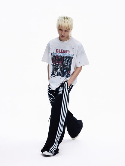Ripped Wash Band Print Oversize Short Sleeve T-Shirt WN27360