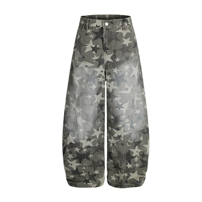 Star Print Washed Wide Leg Denim Jeans WN23602