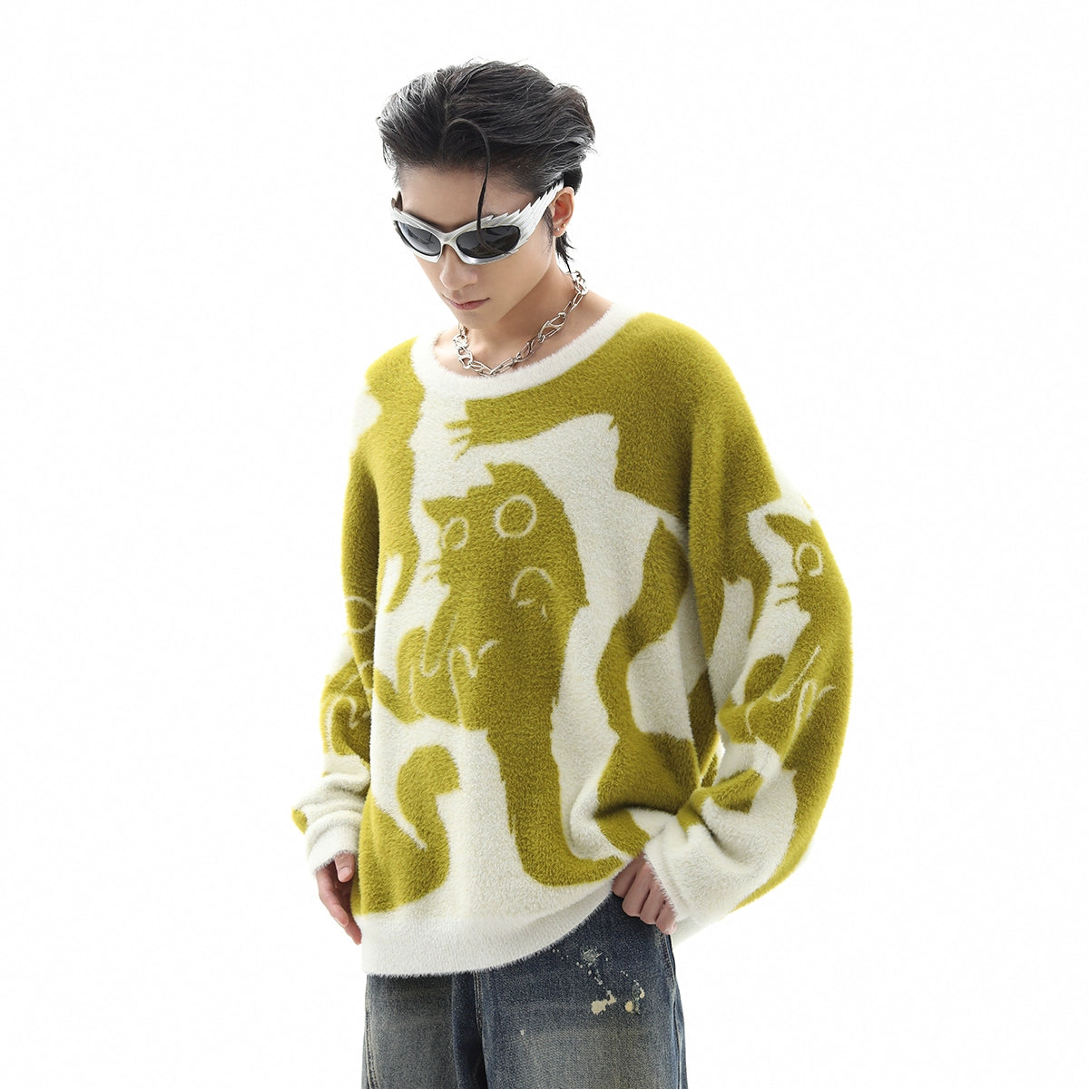 Cat Design Shaggy Knit Sweater WN10348