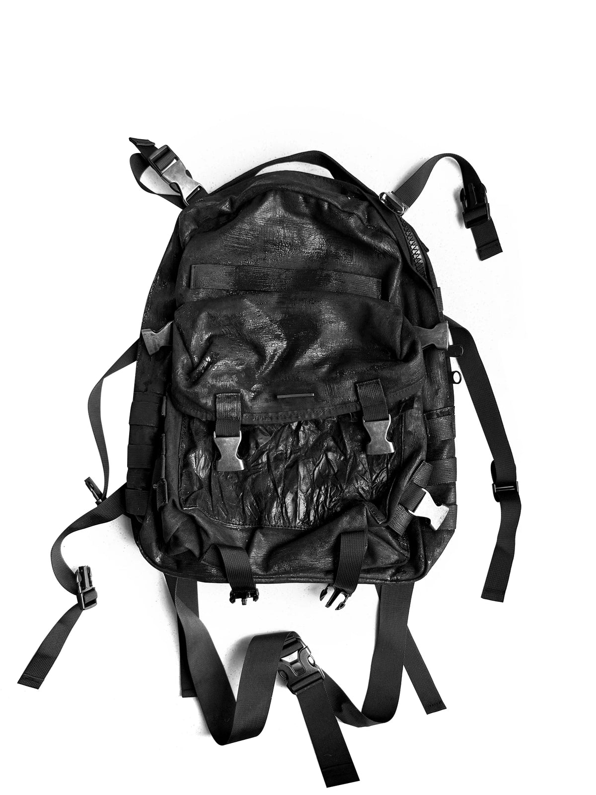 WN27074 CinderVein crack-coated nylon webbing backpack, patent leather, antique silver buckle, leather tag functional backpack WN27074