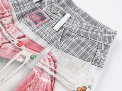 Plaid Deconstructed Drawstring Wide Leg Denim Jeans WN28043