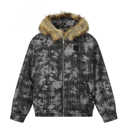 Fake Fur Collar Lamb Fleece Plaid Puffer Jacket WN21884