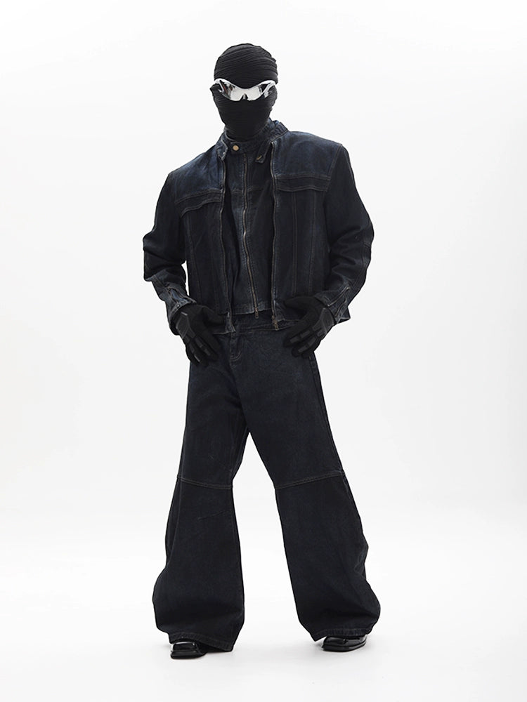 Fake Layered Zipper Denim Jacket & Denim Jeans Setup WN18670