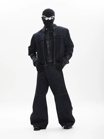 Fake Layered Zipper Denim Jacket & Denim Jeans Setup WN18670