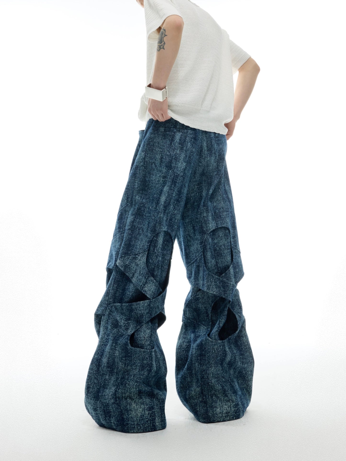 Marbled Pleats Texture Wide-Leg Straight Denim Jeans WN16331