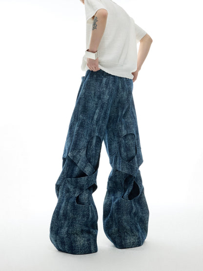 Marbled Pleats Texture Wide-Leg Straight Denim Jeans WN16331