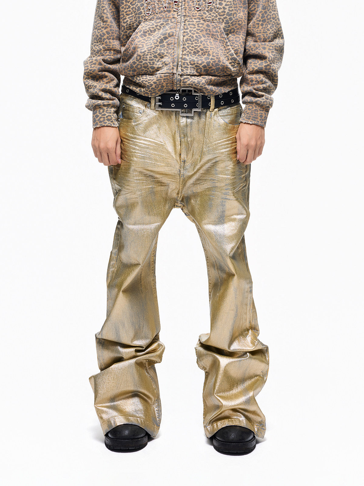 Metallic Coating Stacked Straight Denim Jeans WN27300