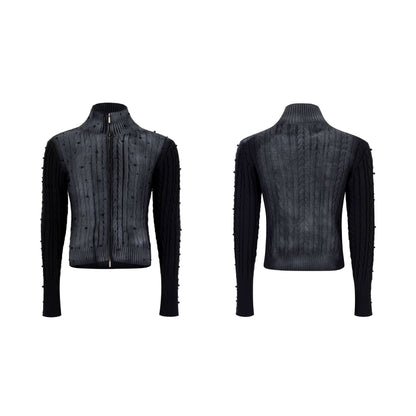 Gradient Cable Knit Zippr Hoodie & Stand Collar Knit Zipper Cardigan WN21769