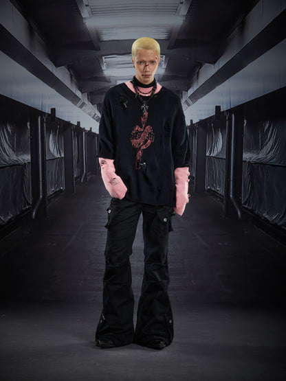 Fake Layered Color Block Damage Print Oversize Knit Sweater WN22802