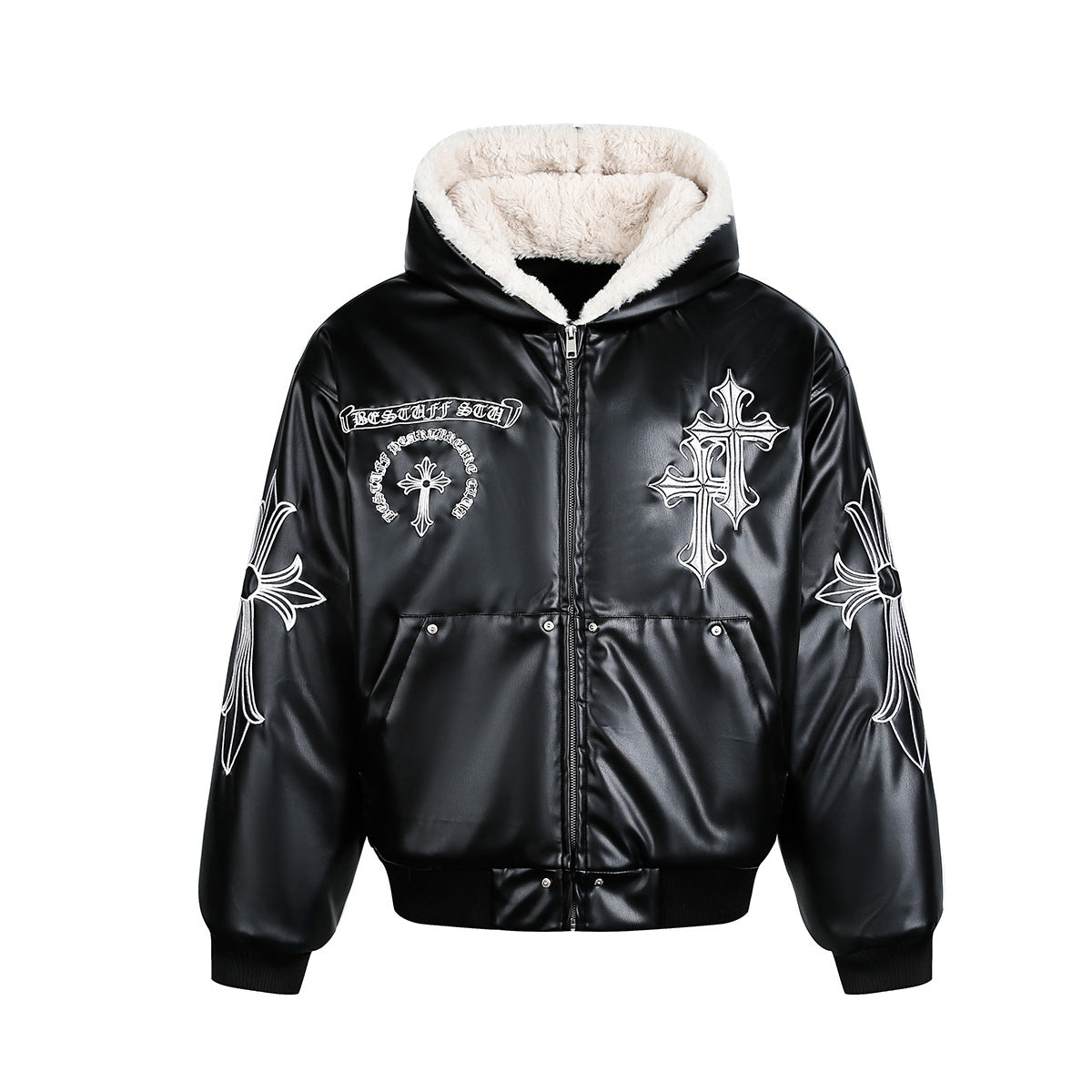 Cross Embroidery PU Leather Fleece Hooded Jacket WN21873