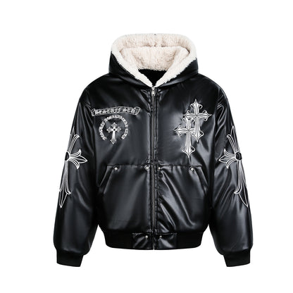 Cross Embroidery PU Leather Fleece Hooded Jacket WN21873