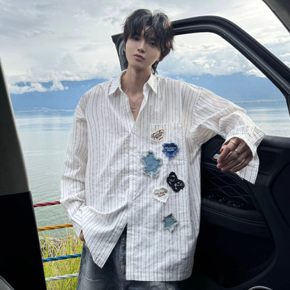 Patch Embroidery Stripe Long Sleeve Shirt WN20759