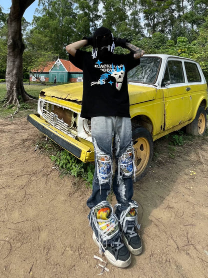 Frayed Washed Embroidery Design Denim Jeans WN18149