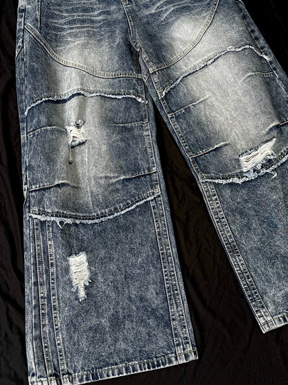 Washed Damage Splice Wide Leg Denim Jeans WN25742