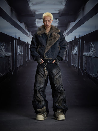 Extra Long Zipper Wash Damage Fringe Barrel Denim Jeans WN22863