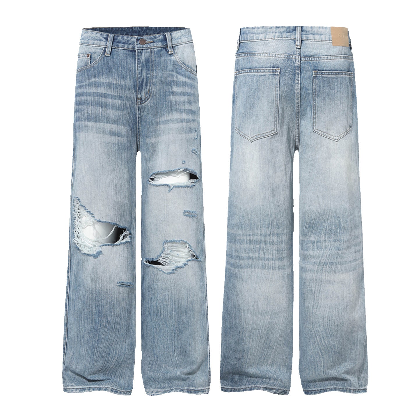 Damage Whisker Washed Wide Leg Denim Jeans WN25948