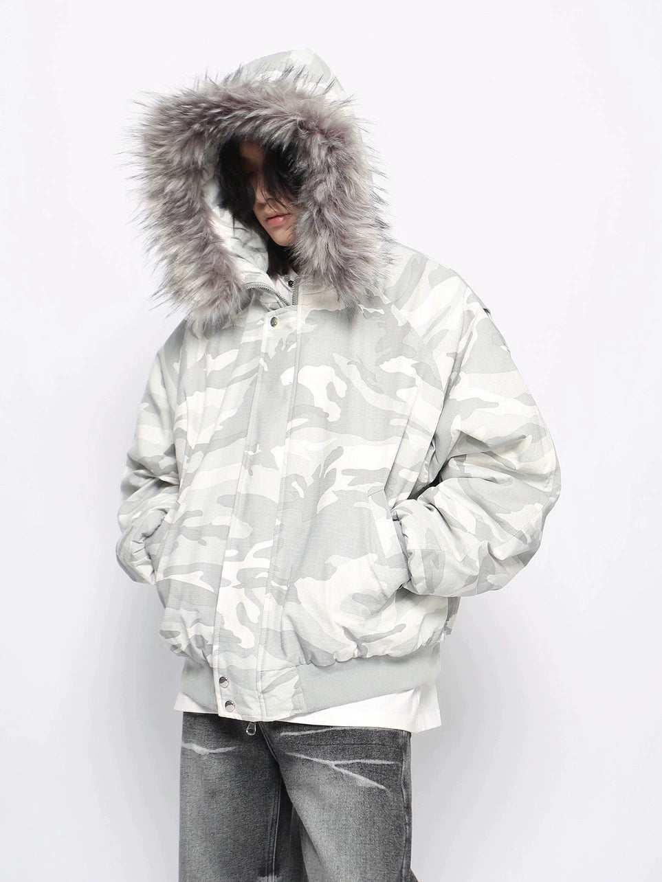 Camouflage Fake Fur Collar Hooded Jacket WN10956