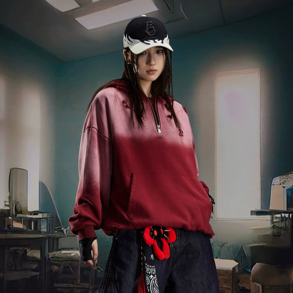 Washed Damage Half Zipper Hoodie WN20588