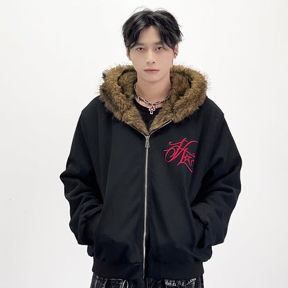 Embroidery Letter Fake Fur Hooded Jacket WN24262