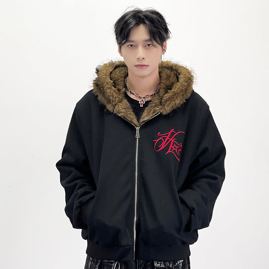 Embroidery Letter Fake Fur Hooded Jacket WN24262