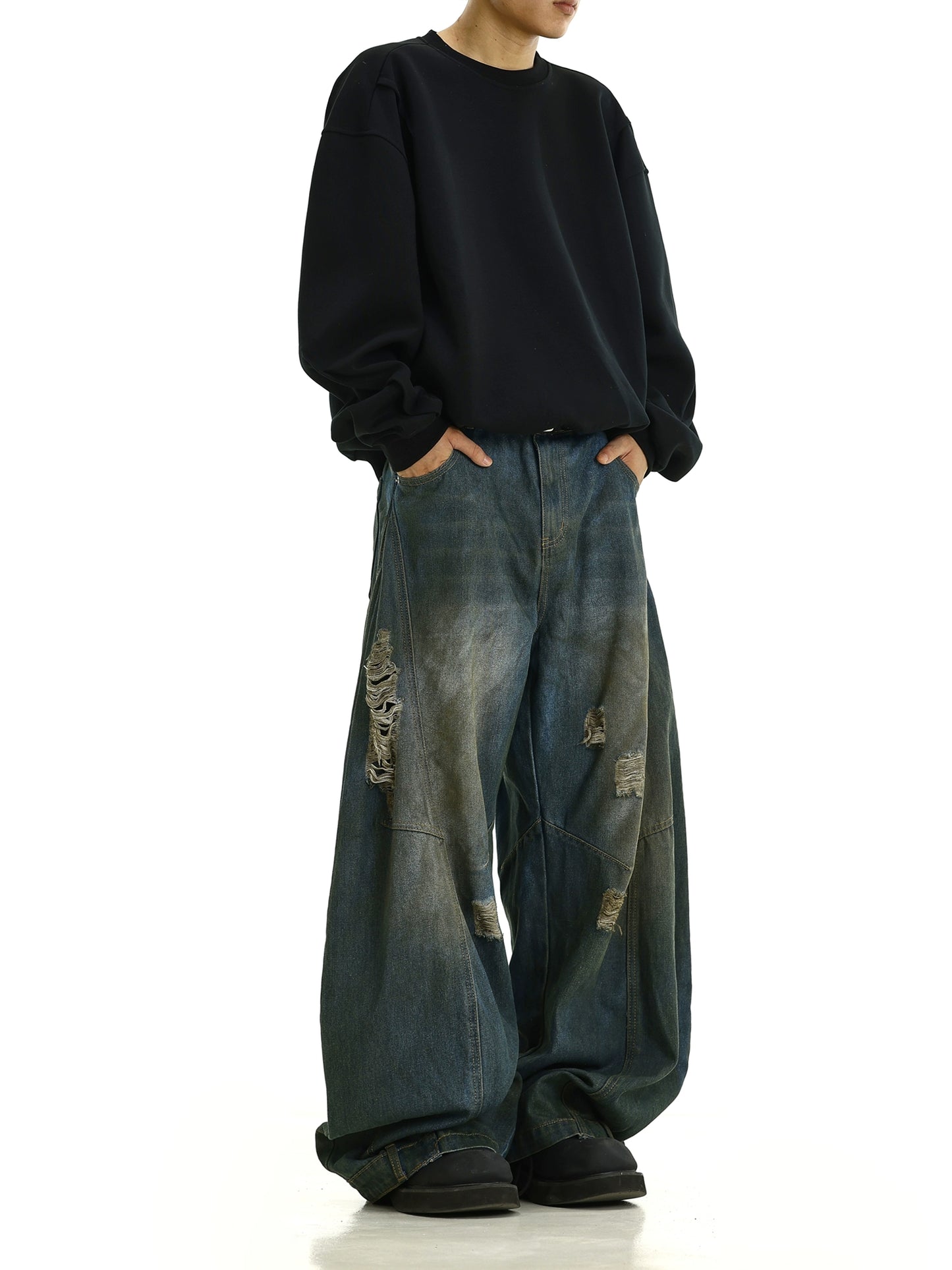 Washed Damage Paint Wide-Leg Denim Jeans WN10624