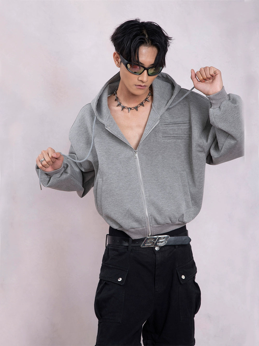 Shoulder Pad Short Zipper Hoodie & Wide-Leg Sweatpants Setup WN9335