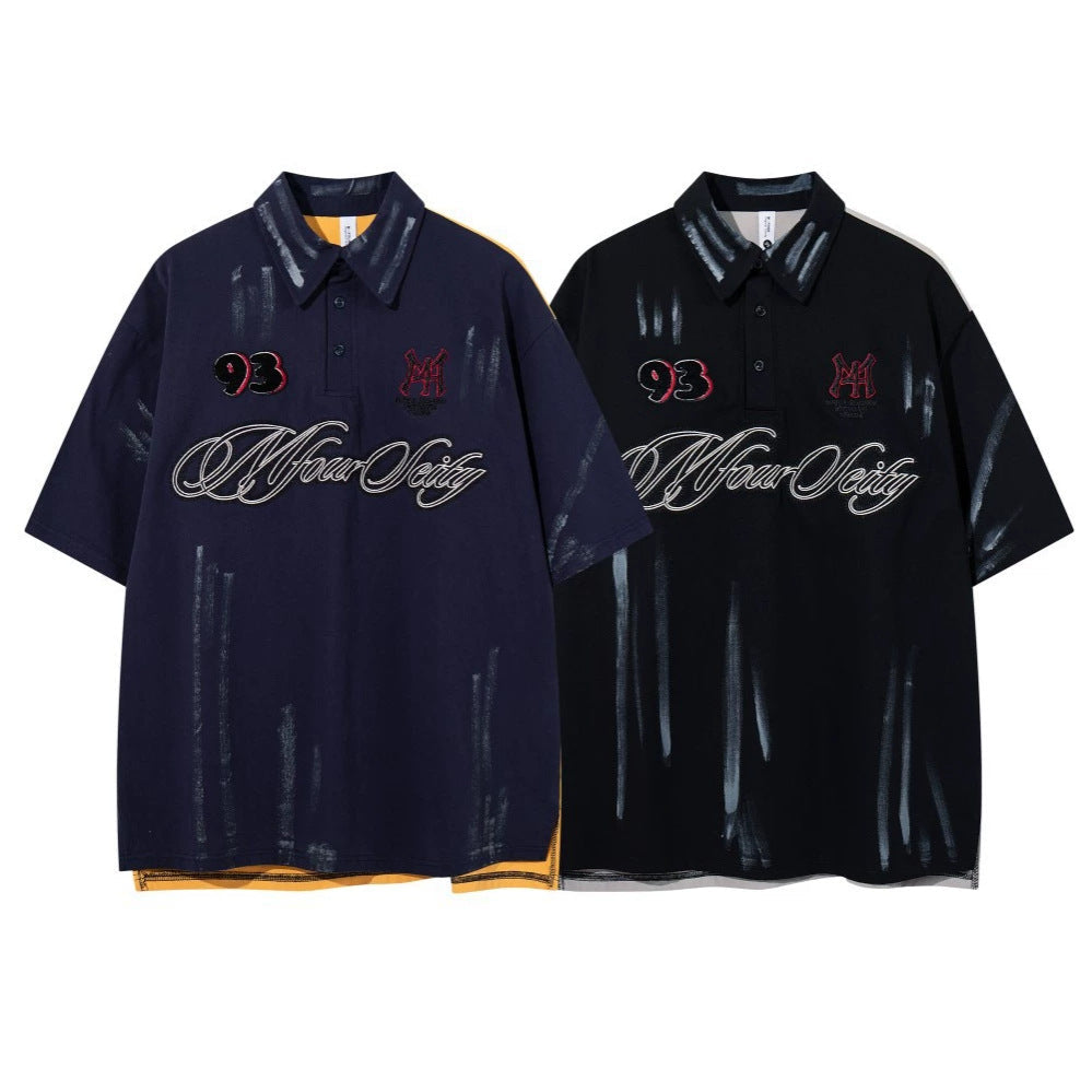 Paint Embroidery Oversize Short Sleeve Polo Shirt WN28089