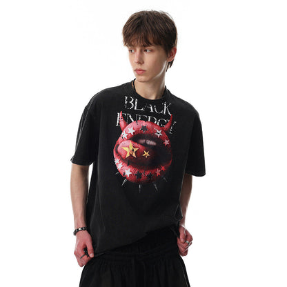 Graphic Print Washed Damage Cotton Short Sleeve T-Shirt WN25601