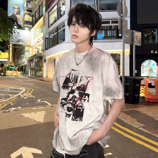 Spray Print Damage Wash Oversize Short Sleeve T-Shirt WN20749