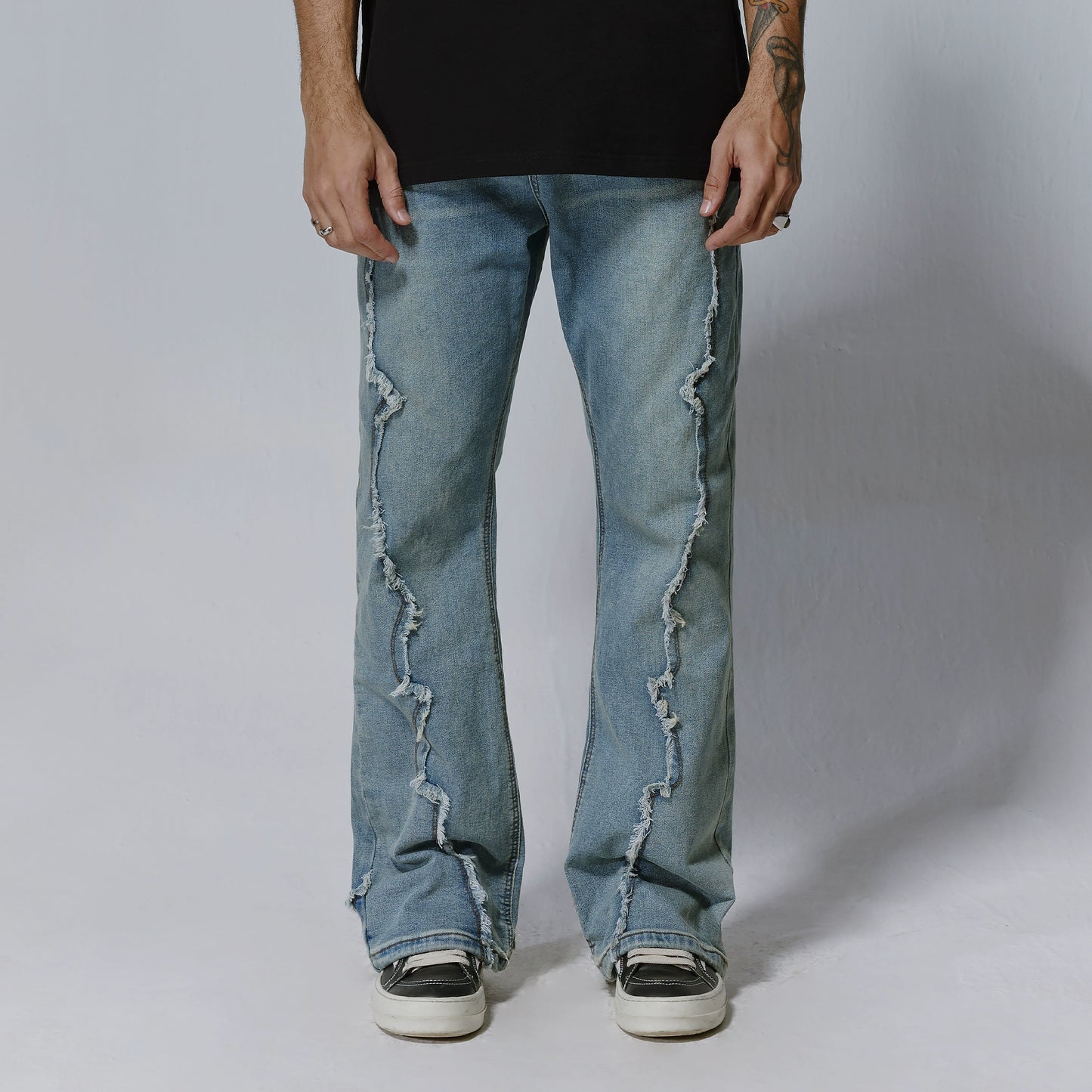 Raw Hem Seam Flare Washed Wide-Leg Straight Denim Jeans WN17611