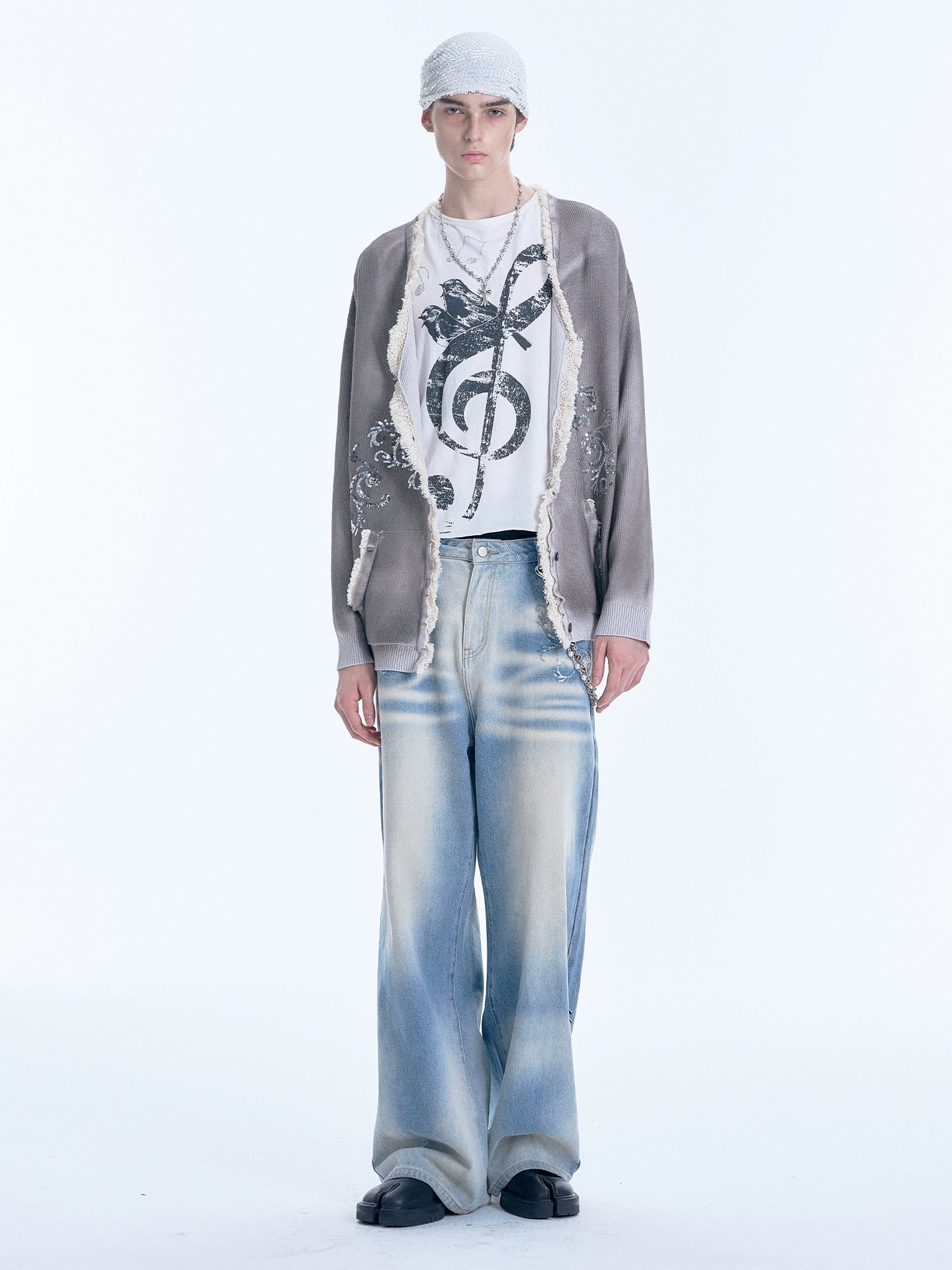 Sequin Embroidery Lace Trim Spray Wash Knit Cardigan WN18925