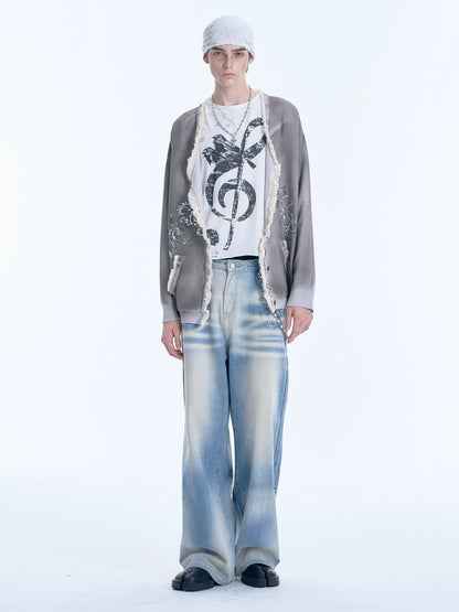 Sequin Embroidery Lace Trim Spray Wash Knit Cardigan WN18925