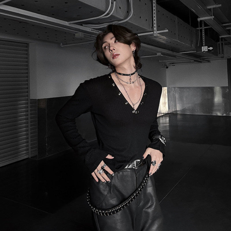 Deep V-Neck Eyelet Rib Long Sleeve T-Shirt WN25148