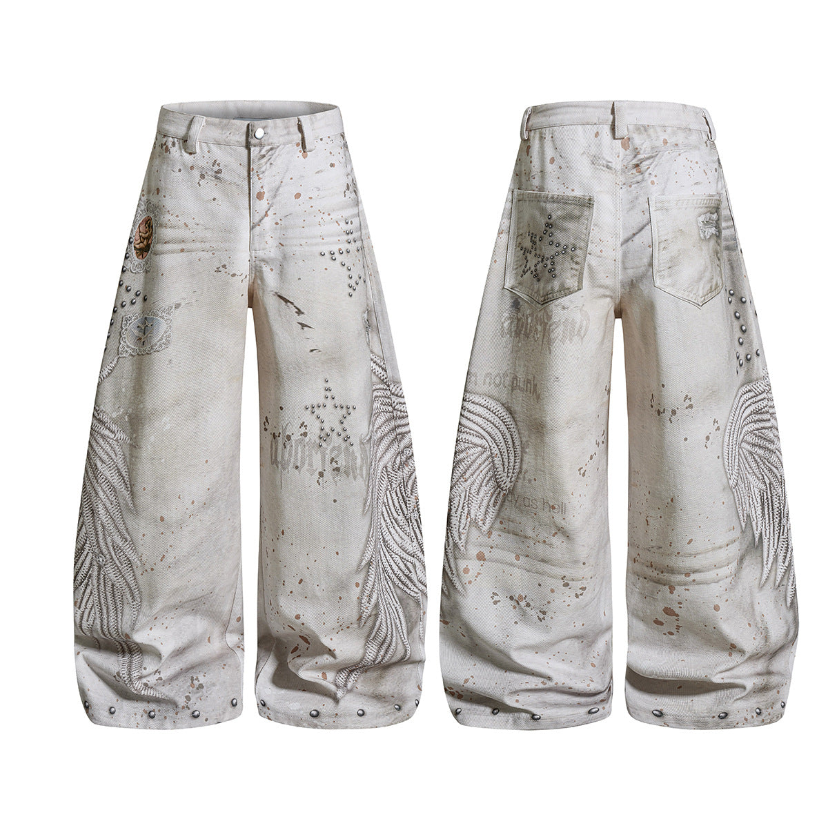 Studs Paint Wing Wide Leg Denim Jeans WN25752