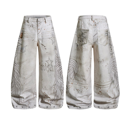Studs Paint Wing Wide Leg Denim Jeans WN25752