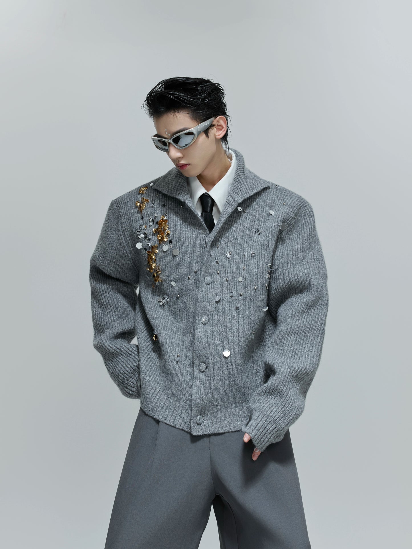 Sequin High-Neck Ribbed Knit Cardigan WN21700