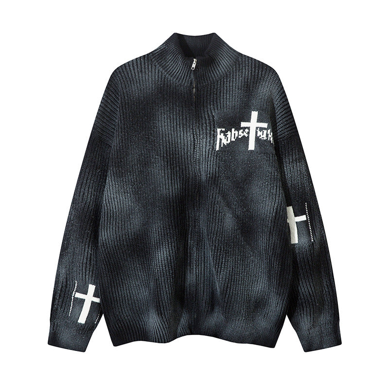 Spray-Paint Tie-Dye Cross Stand Neck Zipper Knit Cardigan WN11238