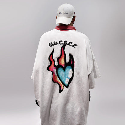 Flame Heart Print Oversize Short Sleeve T-Shirt WN24002