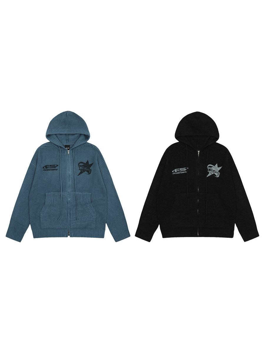 Waffle Knit Embroidery Oversize Zipper Hoodie WN24192