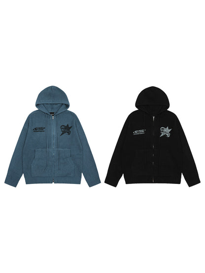 Waffle Knit Embroidery Oversize Zipper Hoodie WN24192