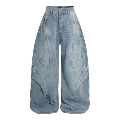 Deconstruction Curved Panel Wash Wide Leg Denim Jeans WN27930