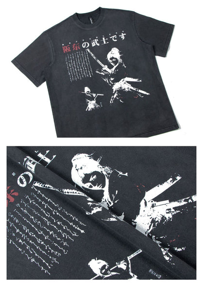 Washed Samurai Print Oversize Short Sleeve T-Shirt WN26400