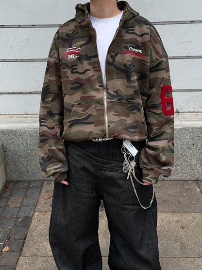 Camouflage Print Graphic Oversize Zipper Hoodie WN24396