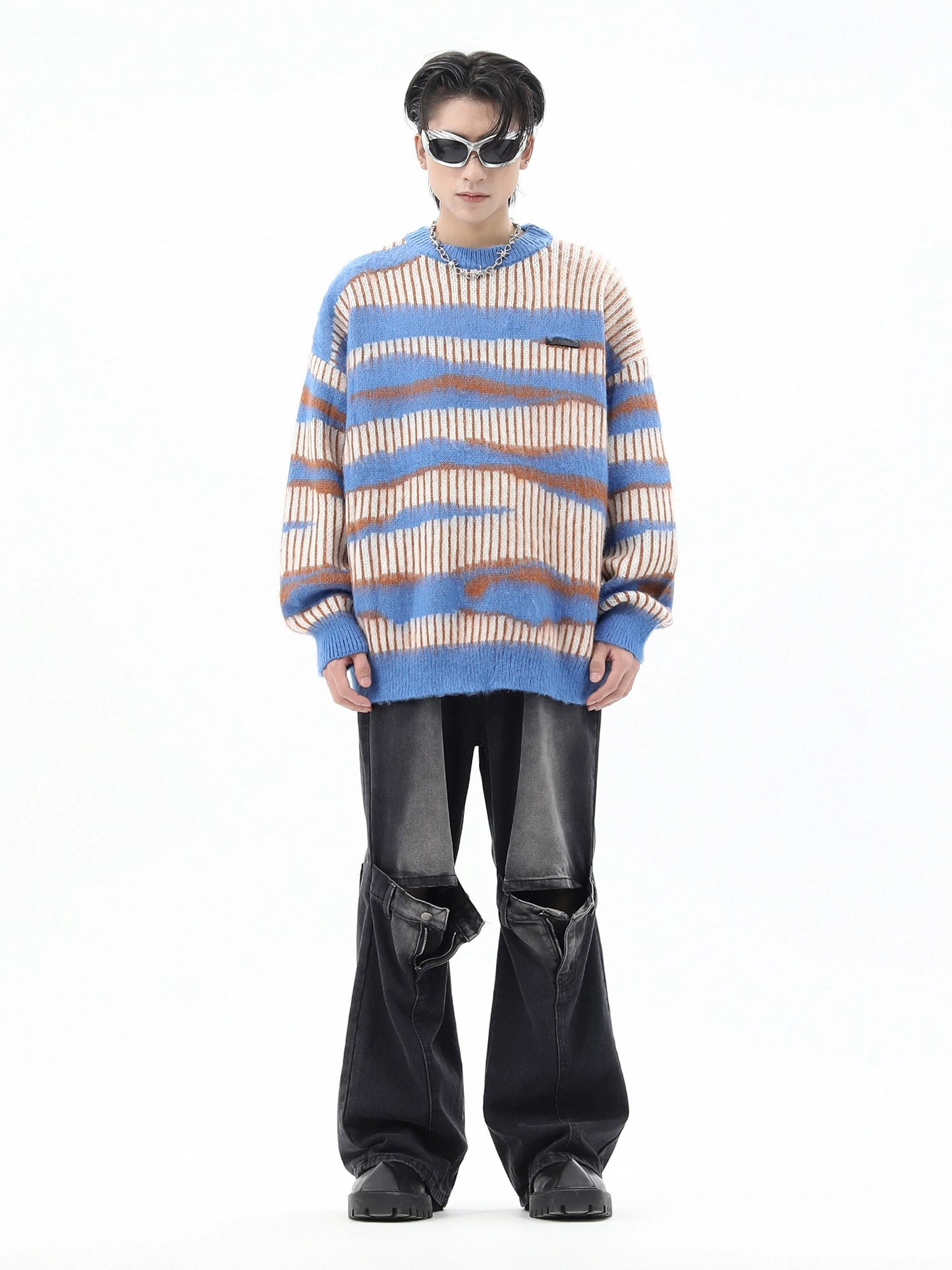 Stripe Shaggy Oversize Knit Sweater WN10403